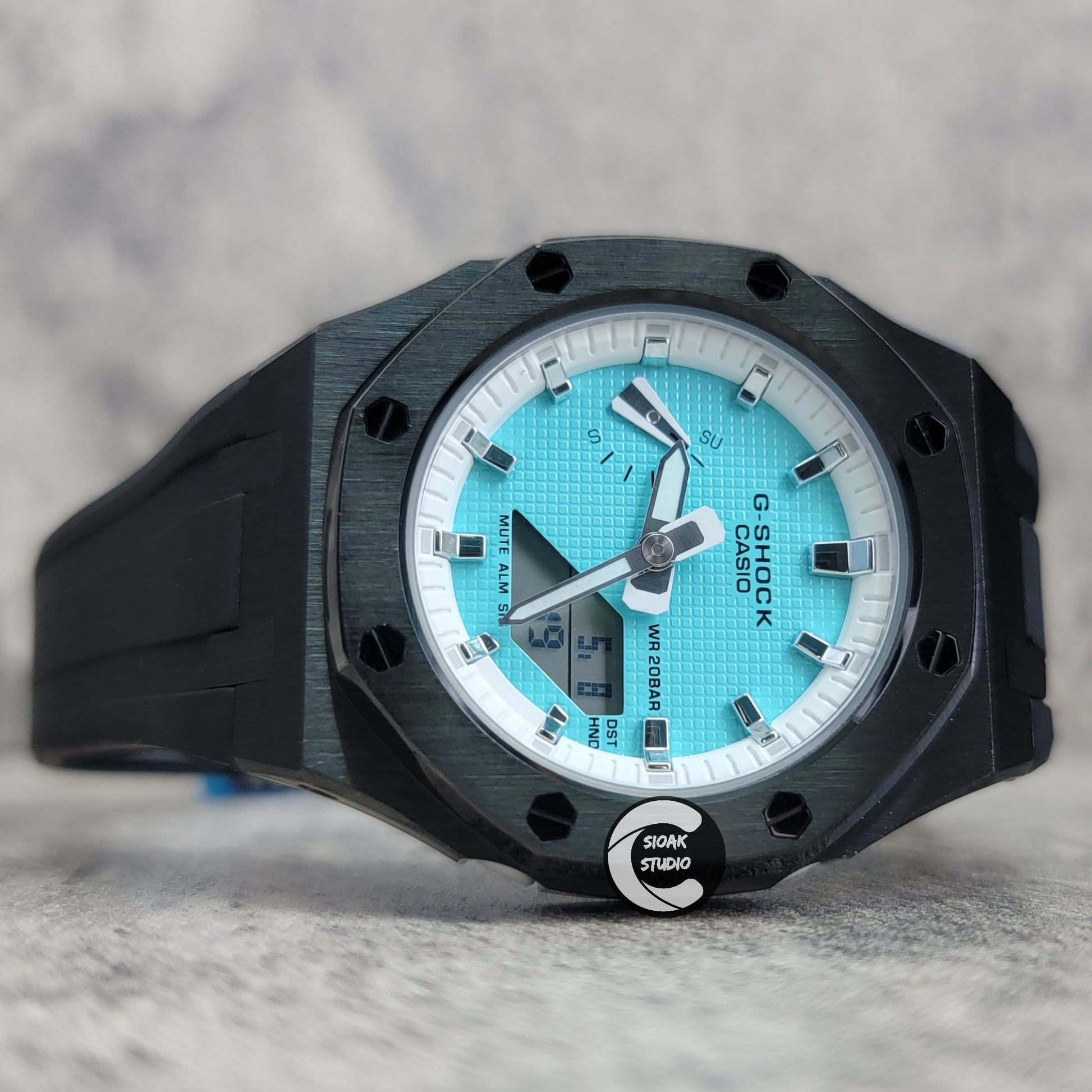 Casioak Mod Watch Black Case Black Rubber Strap White Silver Time Mark Tiff Blue Dial 42mm- Casioak Mod Casio G-Shock Royal Oak Custom Mens Luxury Watches Ga2100