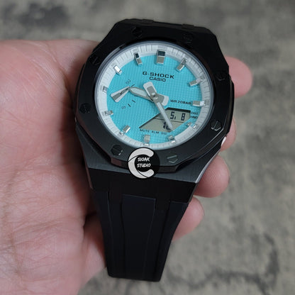 Casioak Mod Watch Black Case Black Rubber Strap White Silver Time Mark Tiff Blue Dial 42mm- Casioak Mod Casio G-Shock Royal Oak Custom Mens Luxury Watches Ga2100