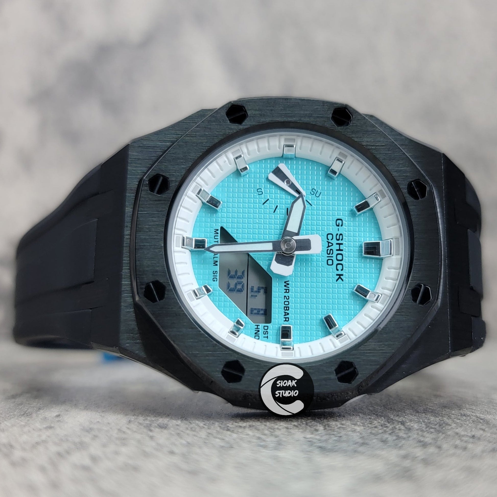 Casioak Mod Watch Black Case Black Rubber Strap White Silver Time Mark Tiff Blue Dial 42mm- Casioak Mod Casio G-Shock Royal Oak Custom Mens Luxury Watches Ga2100