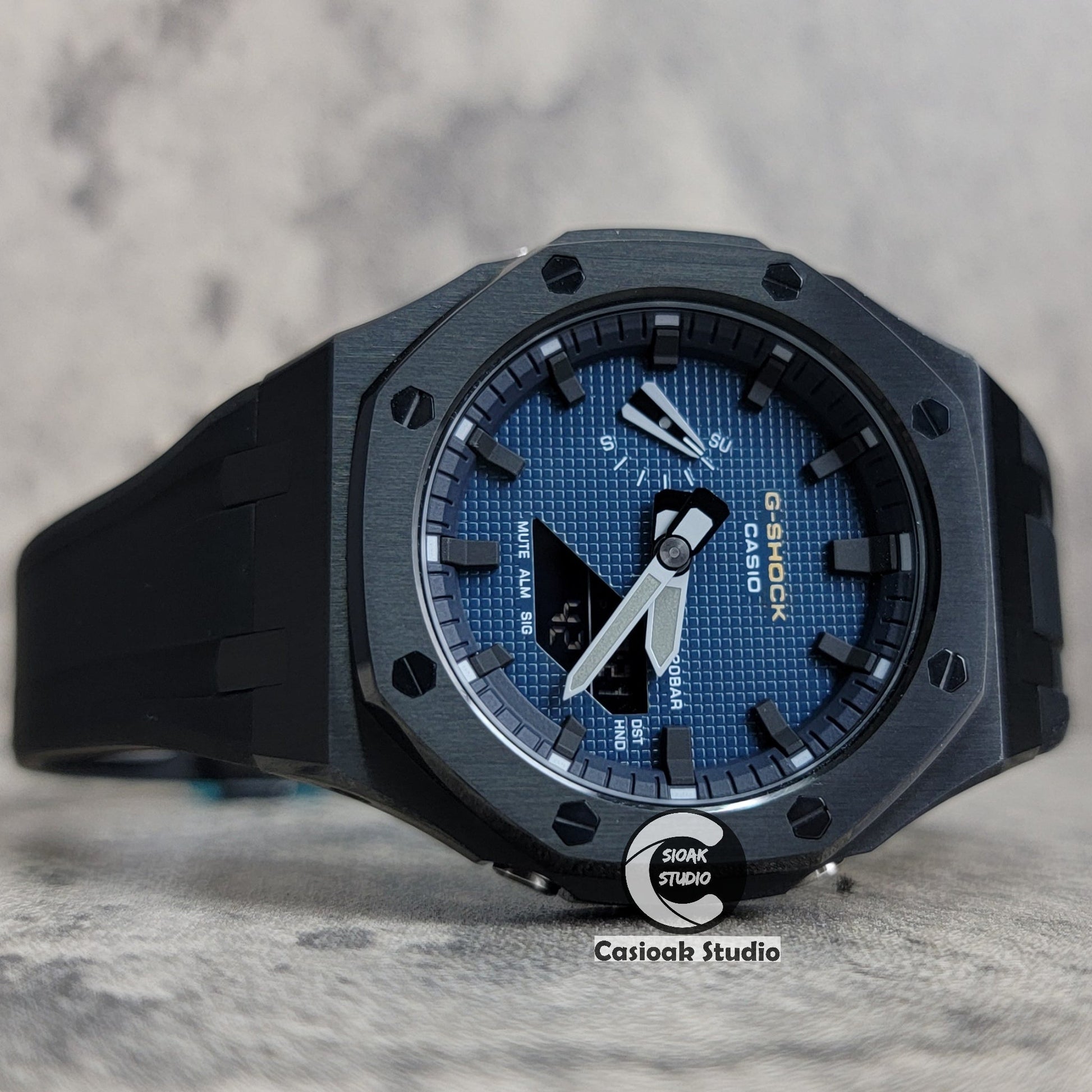 Casioak Mod Watch Black Case Black Strap Blue Black Time Mark Blue Waffle Dial 44mm- Casioak Mod Casio G-Shock Royal Oak Custom Mens Luxury Watches Ga2100