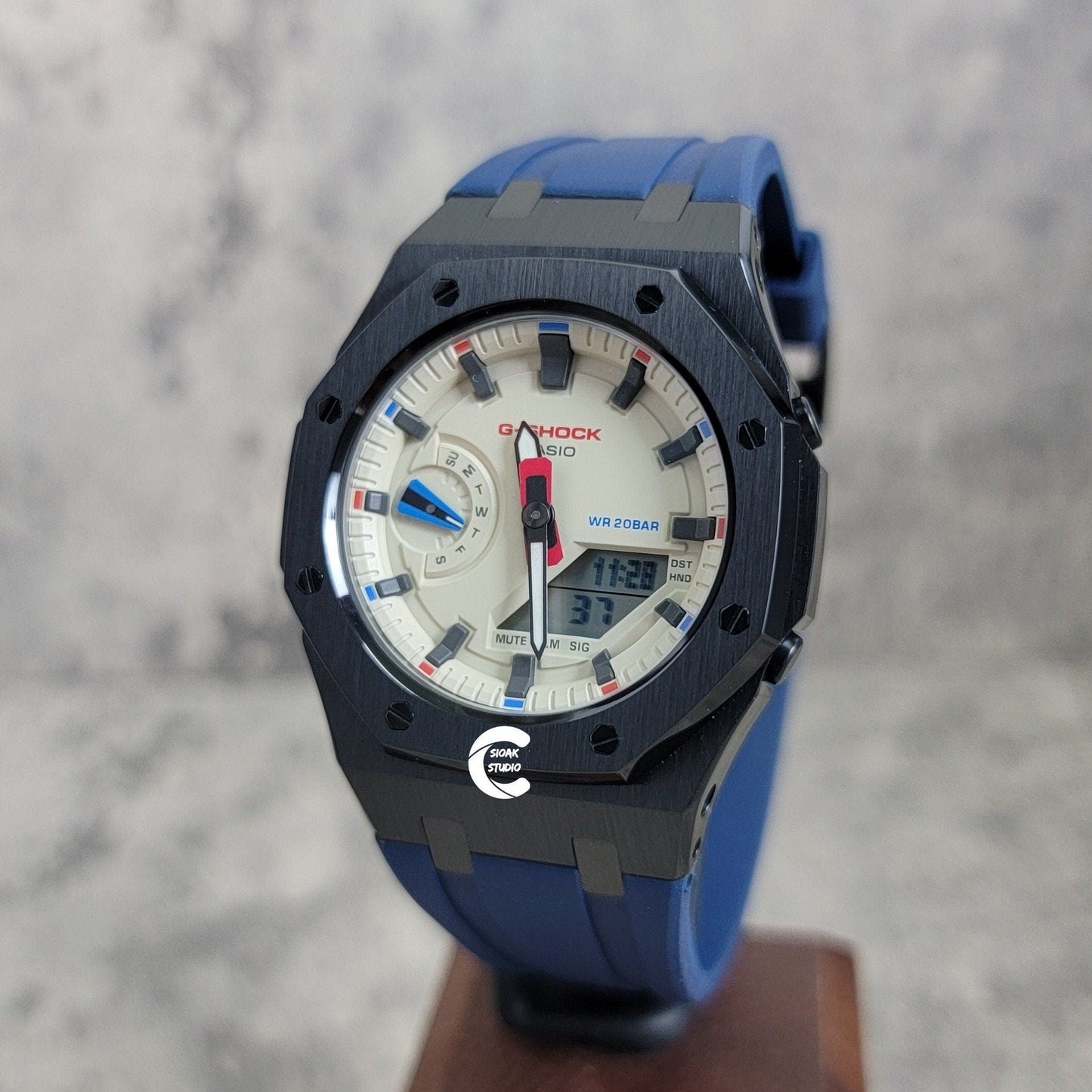 Casioak Mod Watch Black Case Blue Rubber Strap Beige Black Time Mark Beige Dial 42mm- Casioak Mod Casio G-Shock Royal Oak Custom Mens Luxury Watches Ga2100