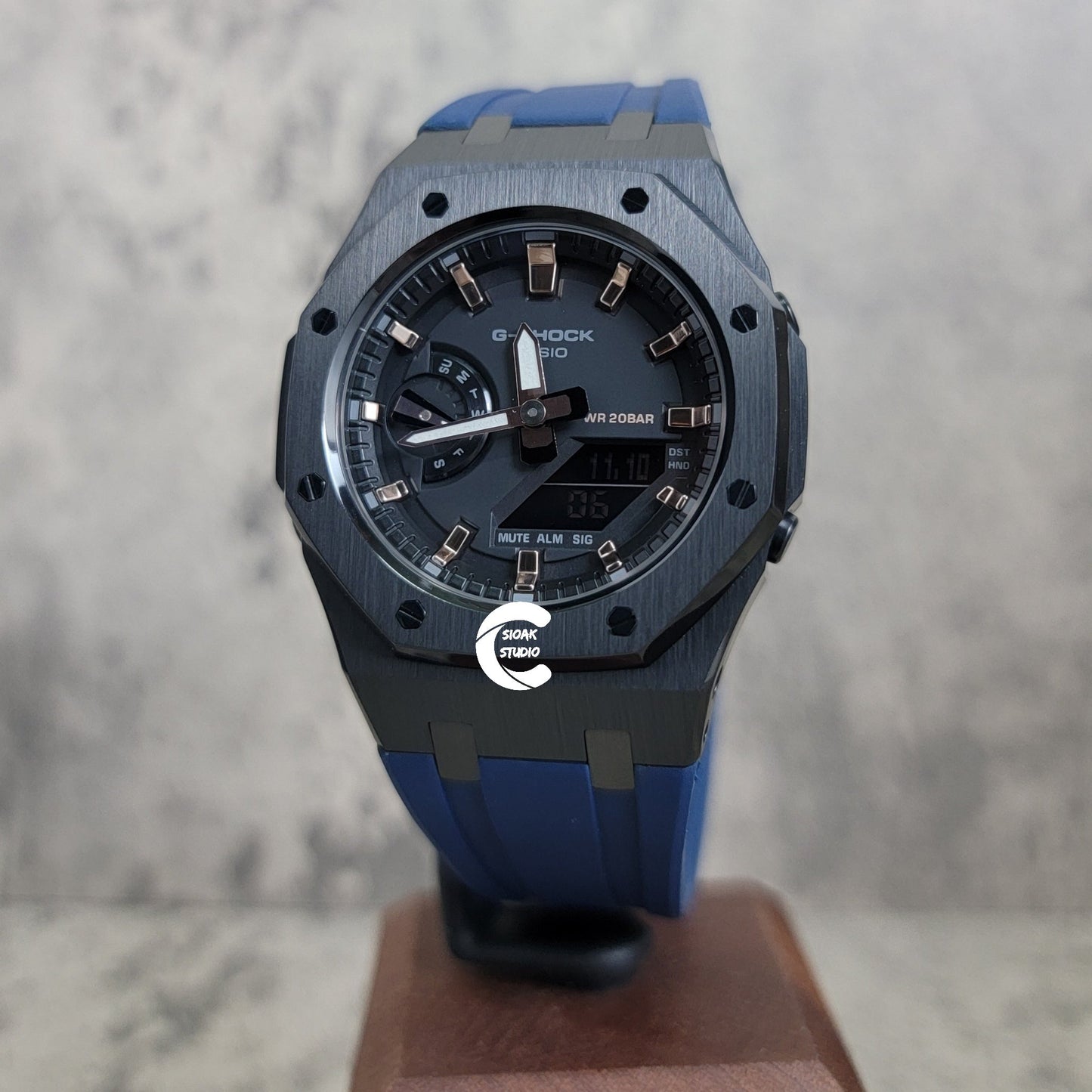 Casioak Mod Watch Black Case Blue Rubber Strap Black Rose Gold Time Mark Black Dial 42mm- Casioak Mod Casio G-Shock Royal Oak Custom Mens Luxury Watches Ga2100