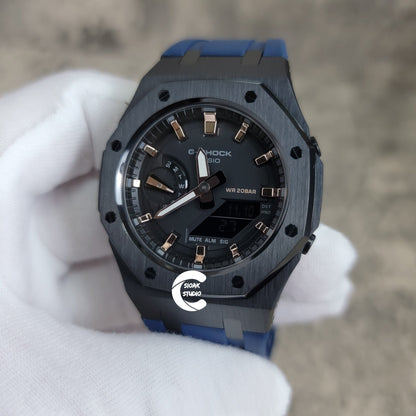 Casioak Mod Watch Black Case Blue Rubber Strap Black Rose Gold Time Mark Black Dial 42mm- Casioak Mod Casio G-Shock Royal Oak Custom Mens Luxury Watches Ga2100