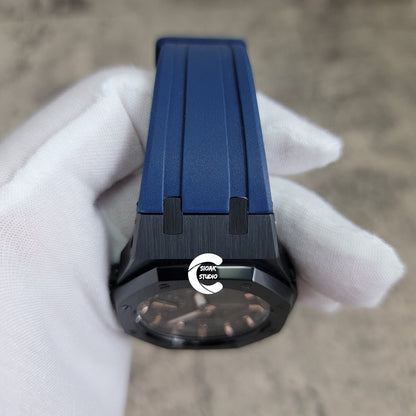 Casioak Mod Watch Black Case Blue Rubber Strap Black Rose Gold Time Mark Black Dial 42mm- Casioak Mod Casio G-Shock Royal Oak Custom Mens Luxury Watches Ga2100