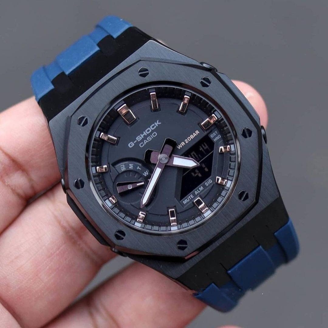 Casioak Mod Watch Black Case Blue Rubber Strap Black Rose Gold Time Mark Black Dial 42mm- Casioak Mod Casio G-Shock Royal Oak Custom Mens Luxury Watches Ga2100