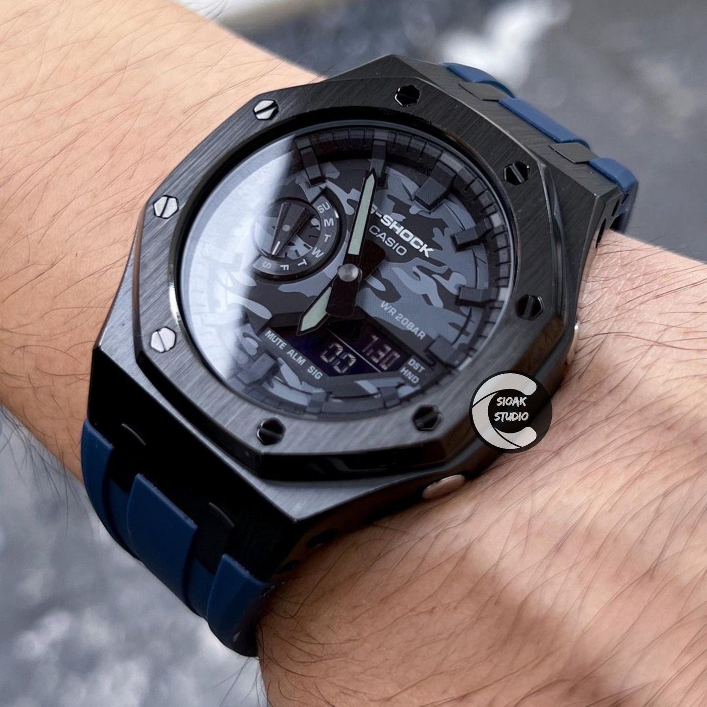 Casioak Mod Watch Black Case Blue Rubber Strap Black Time Mark Camouflage Dial 44mm- Casioak Mod Casio G-Shock Royal Oak Custom Mens Luxury Watches Ga2100