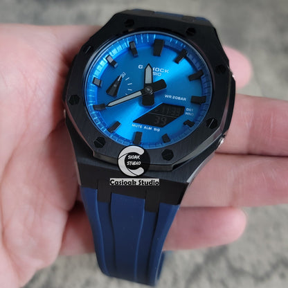 Casioak Mod Watch Black Case Blue Rubber Strap Blue Black Time Mark Blue Dial 44mm- Casioak Mod Casio G-Shock Royal Oak Custom Mens Luxury Watches Ga2100