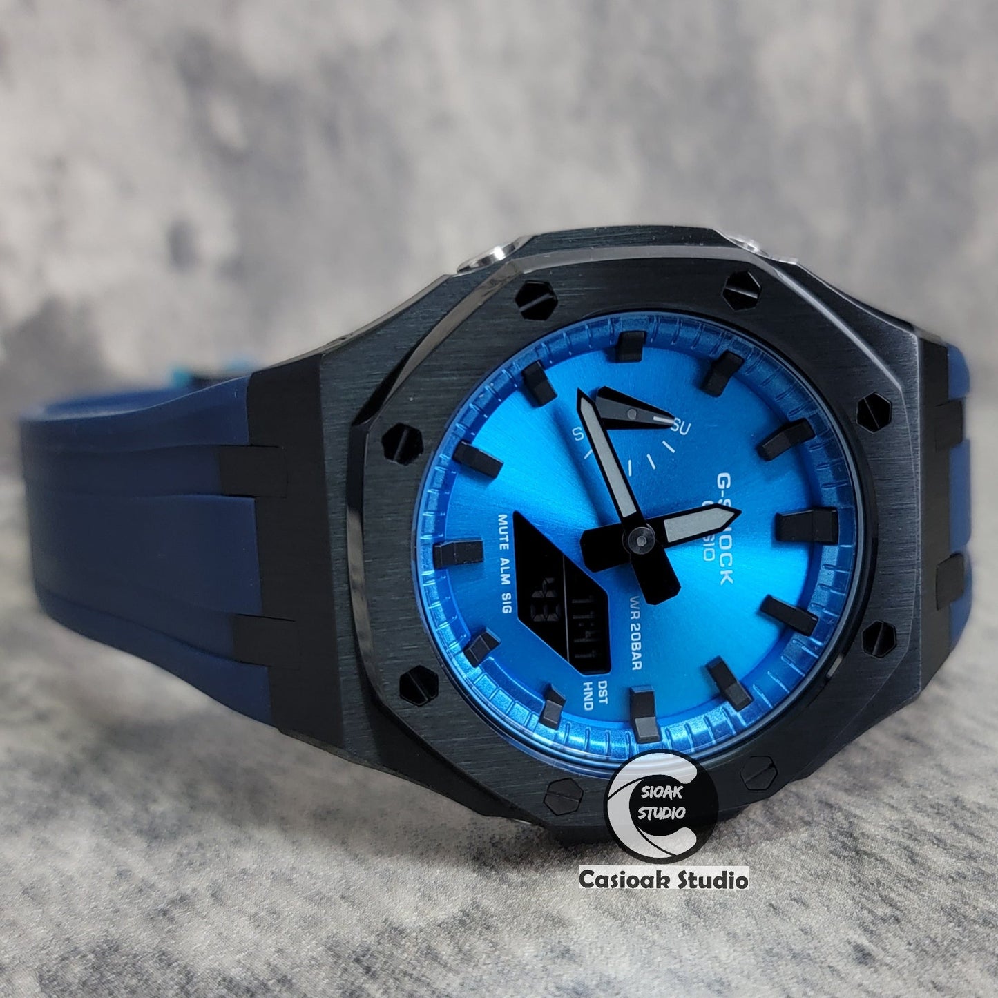 Casioak Mod Watch Black Case Blue Rubber Strap Blue Black Time Mark Blue Dial 44mm- Casioak Mod Casio G-Shock Royal Oak Custom Mens Luxury Watches Ga2100