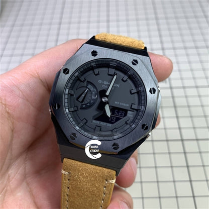 Casioak Mod Watch Black Case Brown Leather Strap Black Time Mark Black Dial 44mm- Casioak Mod Casio G-Shock Royal Oak Custom Mens Luxury Watches Ga2100