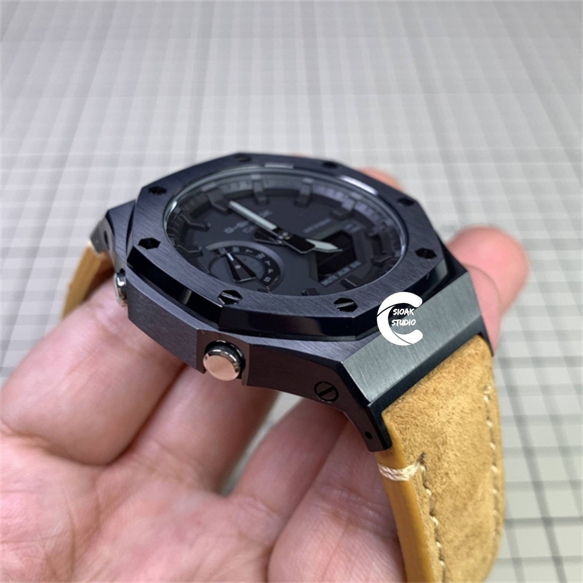 Casioak Mod Watch Black Case Brown Leather Strap Black Time Mark Black Dial 44mm- Casioak Mod Casio G-Shock Royal Oak Custom Mens Luxury Watches Ga2100