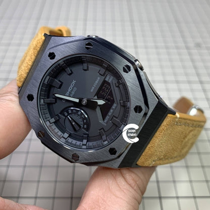 Casioak Mod Watch Black Case Brown Leather Strap Black Time Mark Black Dial 44mm- Casioak Mod Casio G-Shock Royal Oak Custom Mens Luxury Watches Ga2100