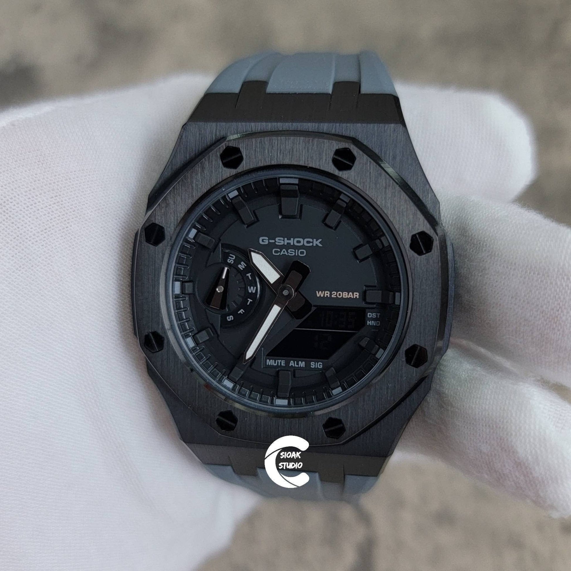 Casioak Mod Watch Black Case Gray Rubber Strap Black Time Mark Black Dial 42mm- Casioak Mod Casio G-Shock Royal Oak Custom Mens Luxury Watches Ga2100