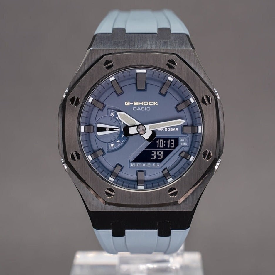 Casioak Mod Watch Black Case Gray Rubber Strap Blue Black Time Mark Blue Dial 44mm- Casioak Mod Casio G-Shock Royal Oak Custom Mens Luxury Watches Ga2100