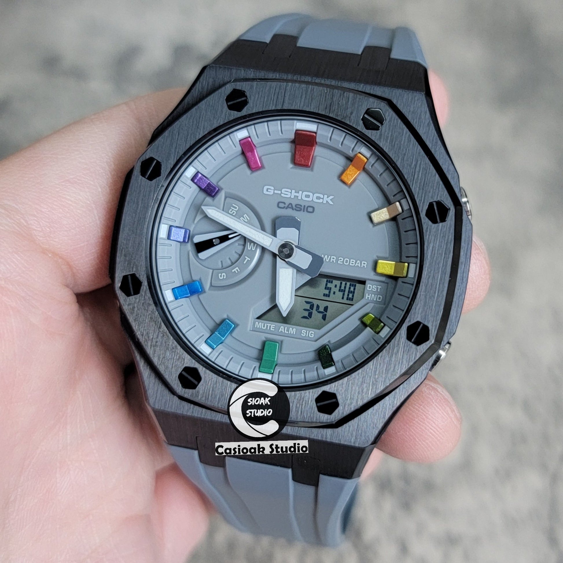 Casioak Mod Watch Black Case Gray Rubber Strap Gray Rainbow Time Mark Gray Dial 44mm- Casioak Mod Casio G-Shock Royal Oak Custom Mens Luxury Watches Ga2100