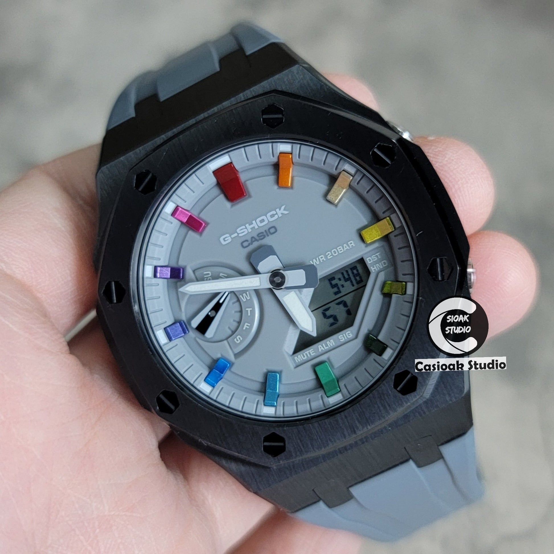 Casioak Mod Watch Black Case Gray Rubber Strap Gray Rainbow Time Mark Gray Dial 44mm- Casioak Mod Casio G-Shock Royal Oak Custom Mens Luxury Watches Ga2100