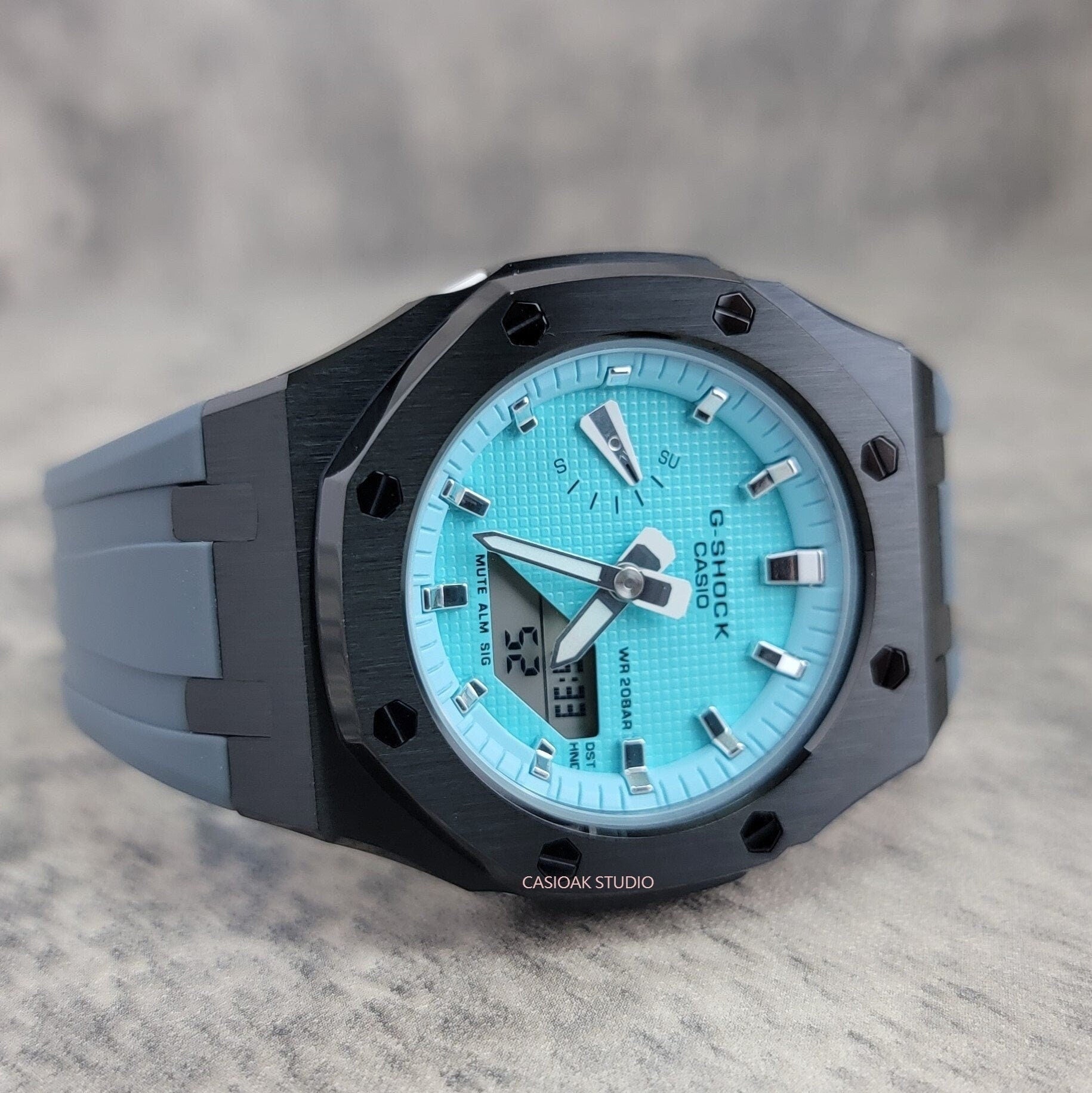 Casioak Mod Watch Black Case Gray Rubber Strap Tiffany Silver Time Mark Tiffany Blue Dial 42mm - Casioak Studio