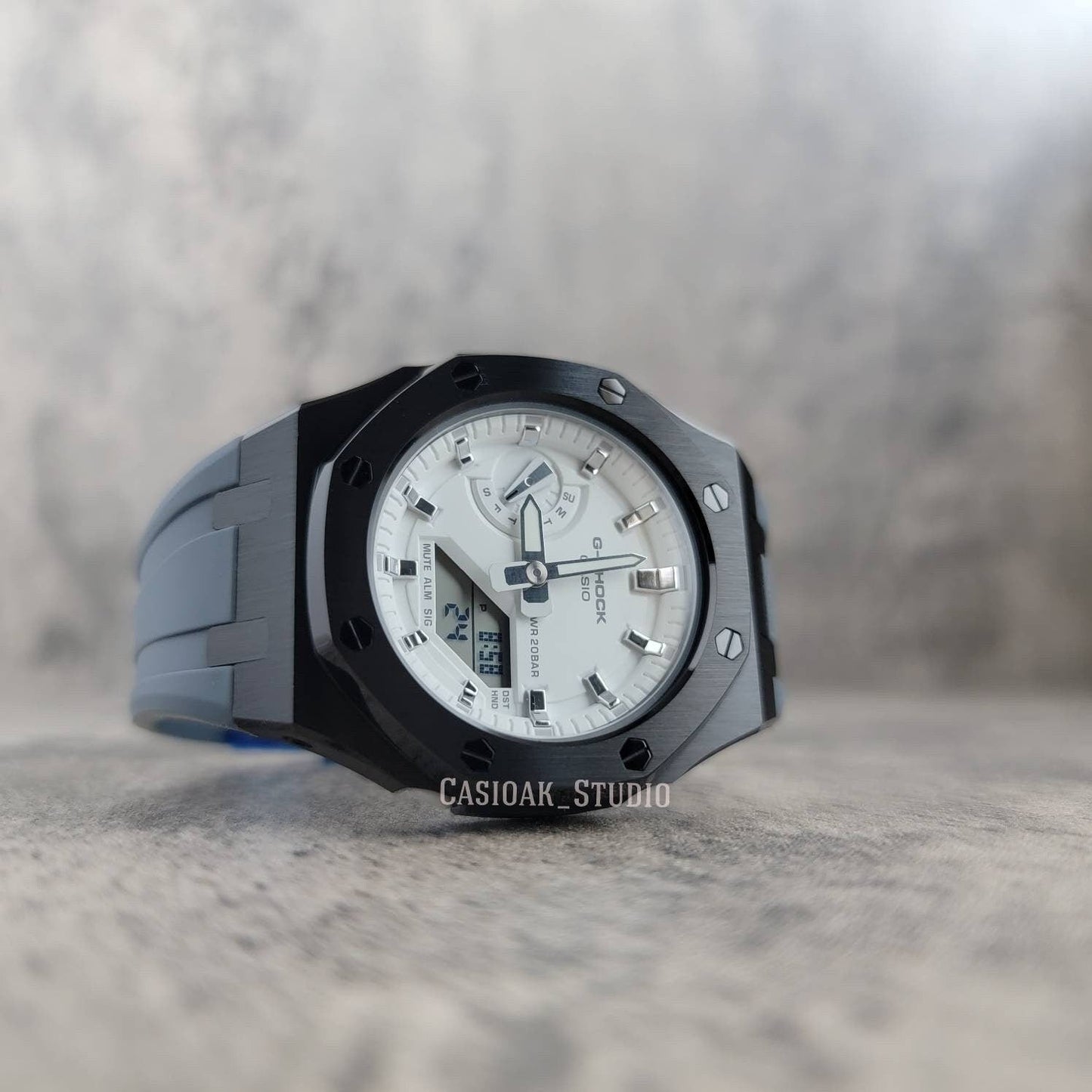 Casioak Mod Watch Black Case Gray Rubber Strap White Silver Time Mark White Dial 42mm- Casioak Mod Casio G-Shock Royal Oak Custom Mens Luxury Watches Ga2100