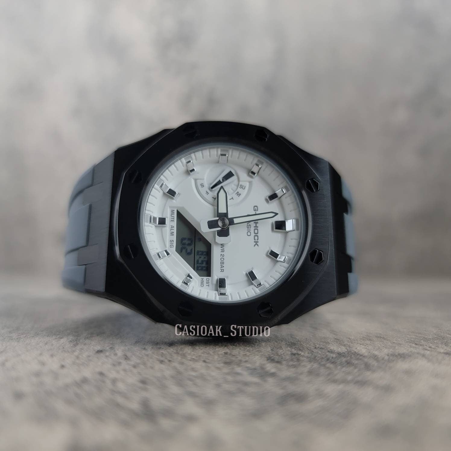 Casioak Mod Watch Black Case Gray Rubber Strap White Silver Time Mark White Dial 42mm- Casioak Mod Casio G-Shock Royal Oak Custom Mens Luxury Watches Ga2100