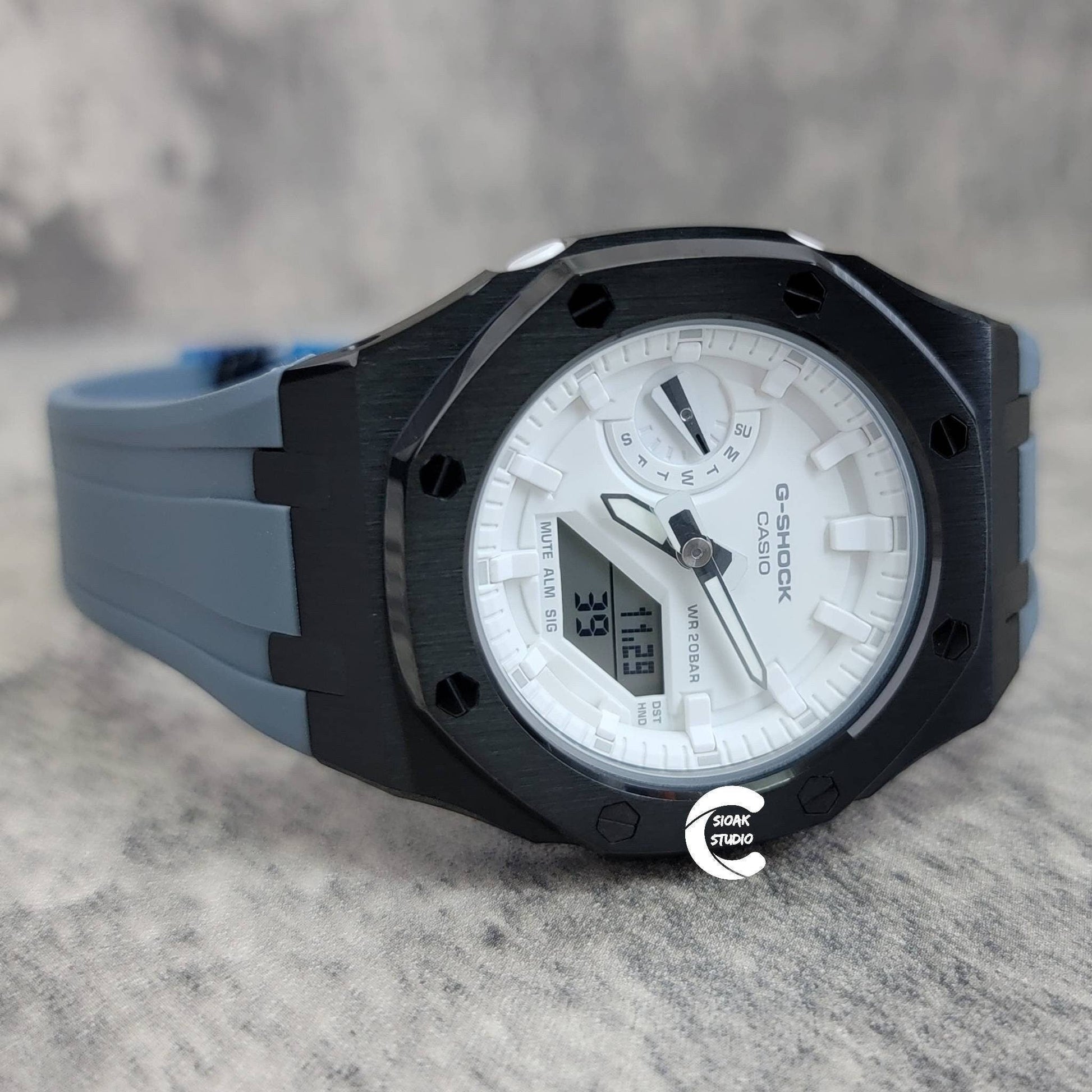 Casioak Mod Watch Black Case Gray Rubber Strap White Time Mark White Dial 42mm- Casioak Mod Casio G-Shock Royal Oak Custom Mens Luxury Watches Ga2100