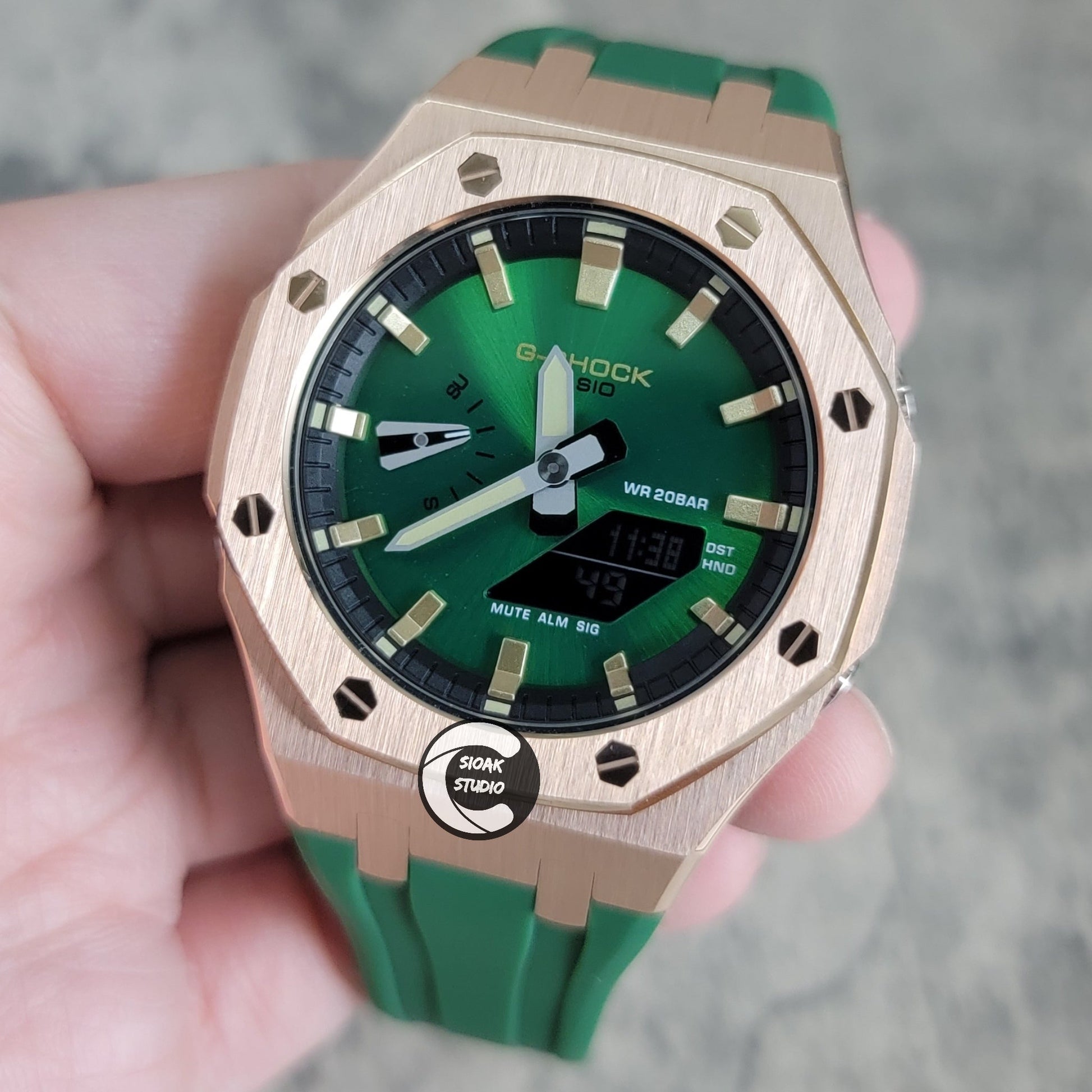 Casioak Mod Watch Black Case Green Rubber Strap Black Gold Time Mark Green Dial 44mm- Casioak Mod Casio G-Shock Royal Oak Custom Mens Luxury Watches Ga2100