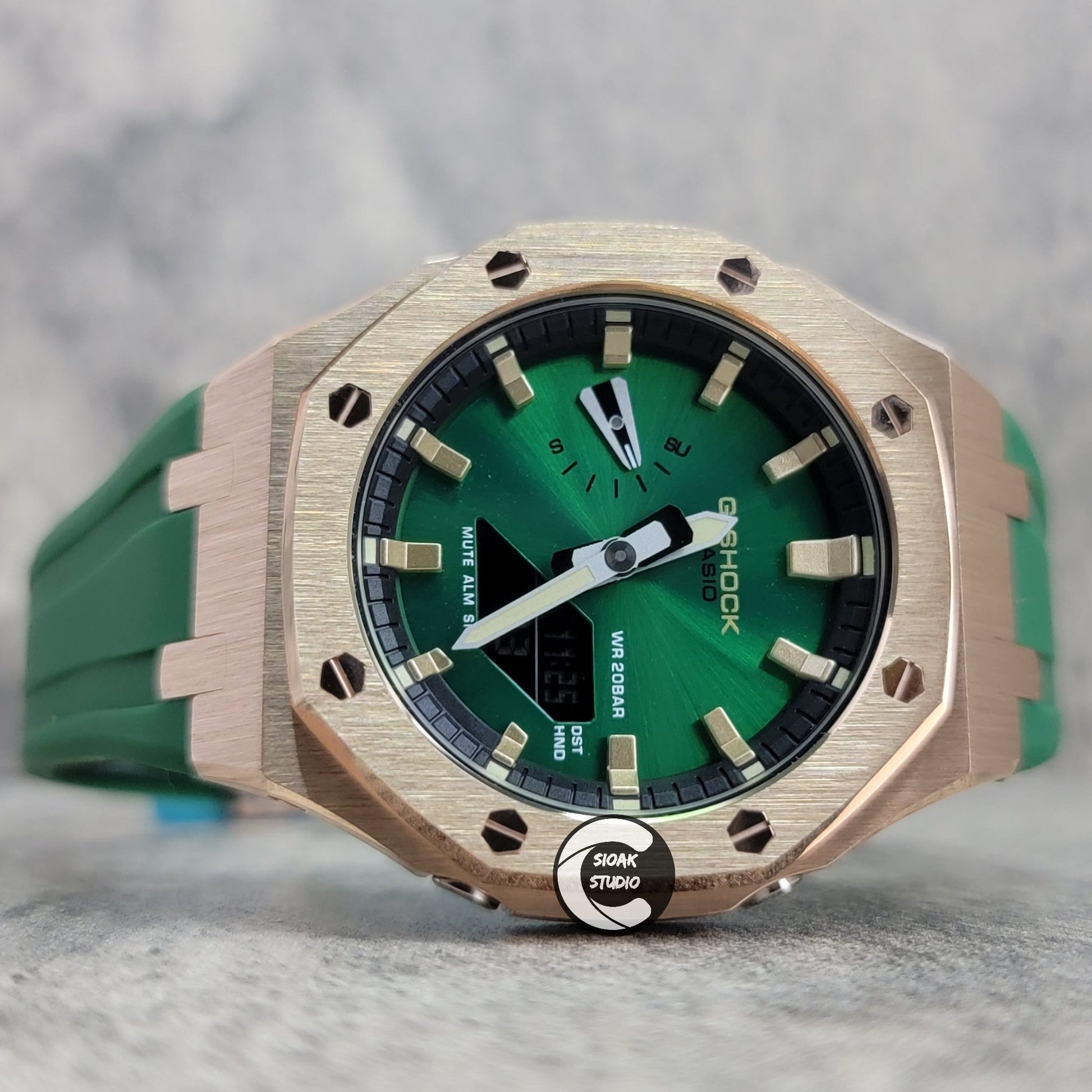 Casioak Mod Watch Black Case Green Rubber Strap Black Gold Time Mark Green Dial 44mm- Casioak Mod Casio G-Shock Royal Oak Custom Mens Luxury Watches Ga2100