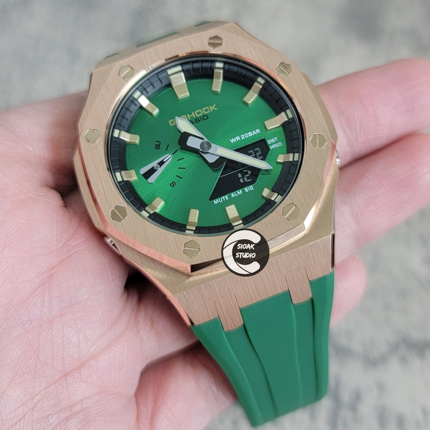 Casioak Mod Watch Black Case Green Rubber Strap Black Gold Time Mark Green Dial 44mm- Casioak Mod Casio G-Shock Royal Oak Custom Mens Luxury Watches Ga2100