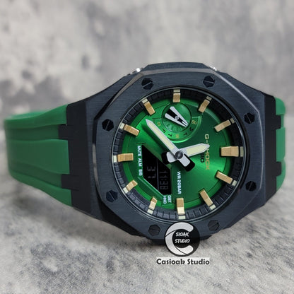 Casioak Mod Watch Black Case Green Rubber Strap Black Gold Time Mark Green Dial 44mm- Casioak Mod Casio G-Shock Royal Oak Custom Mens Luxury Watches Ga2100