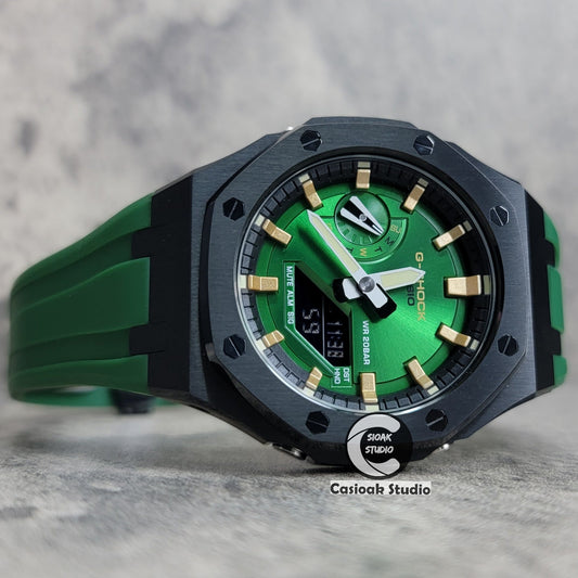 Casioak Mod Watch Black Case Green Rubber Strap Black Gold Time Mark Green Dial 44mm- Casioak Mod Casio G-Shock Royal Oak Custom Mens Luxury Watches Ga2100