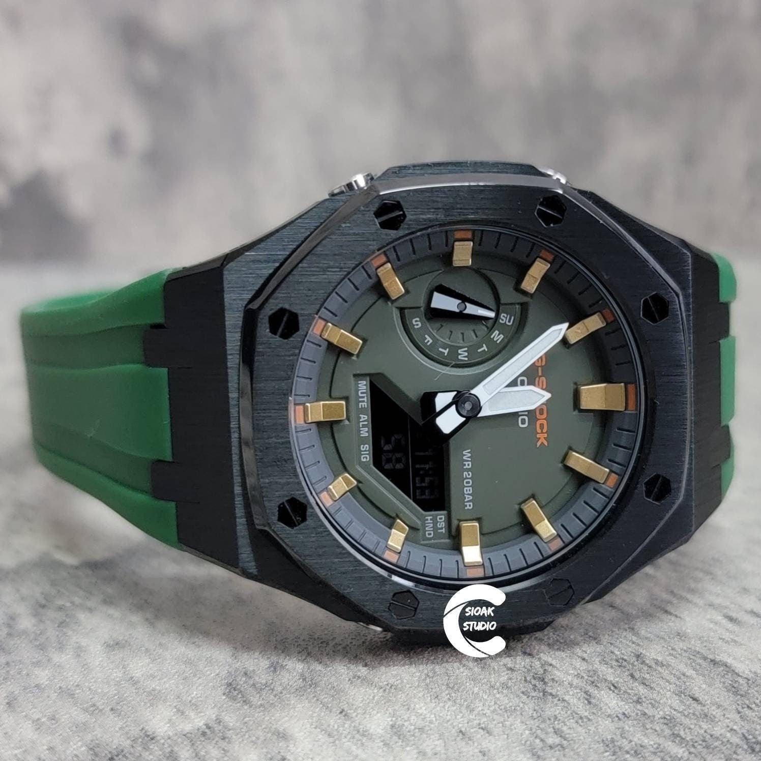 Casioak Mod Watch Black Case Green Rubber Strap Black Gold Time Mark Olove Dial 44mm- Casioak Mod Casio G-Shock Royal Oak Custom Mens Luxury Watches Ga2100