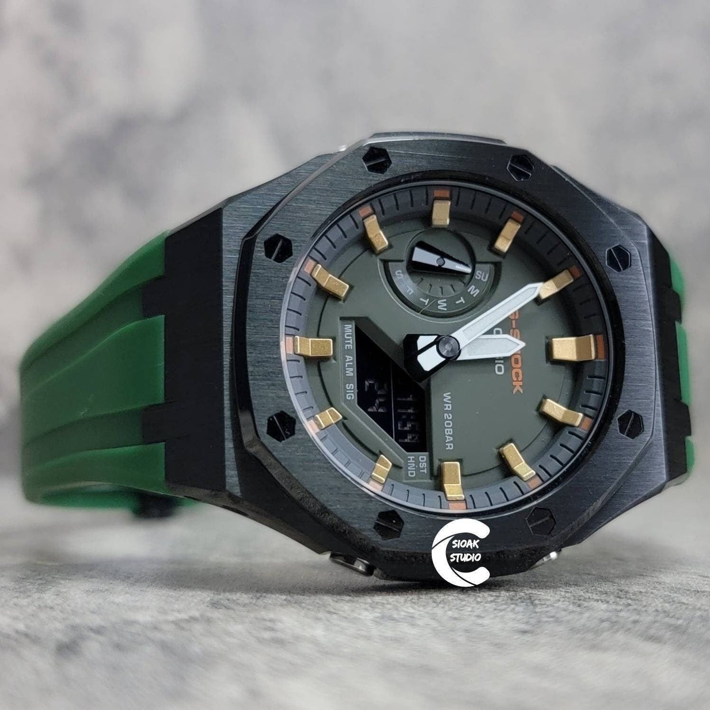 Casioak Mod Watch Black Case Green Rubber Strap Black Gold Time Mark Olove Dial 44mm- Casioak Mod Casio G-Shock Royal Oak Custom Mens Luxury Watches Ga2100