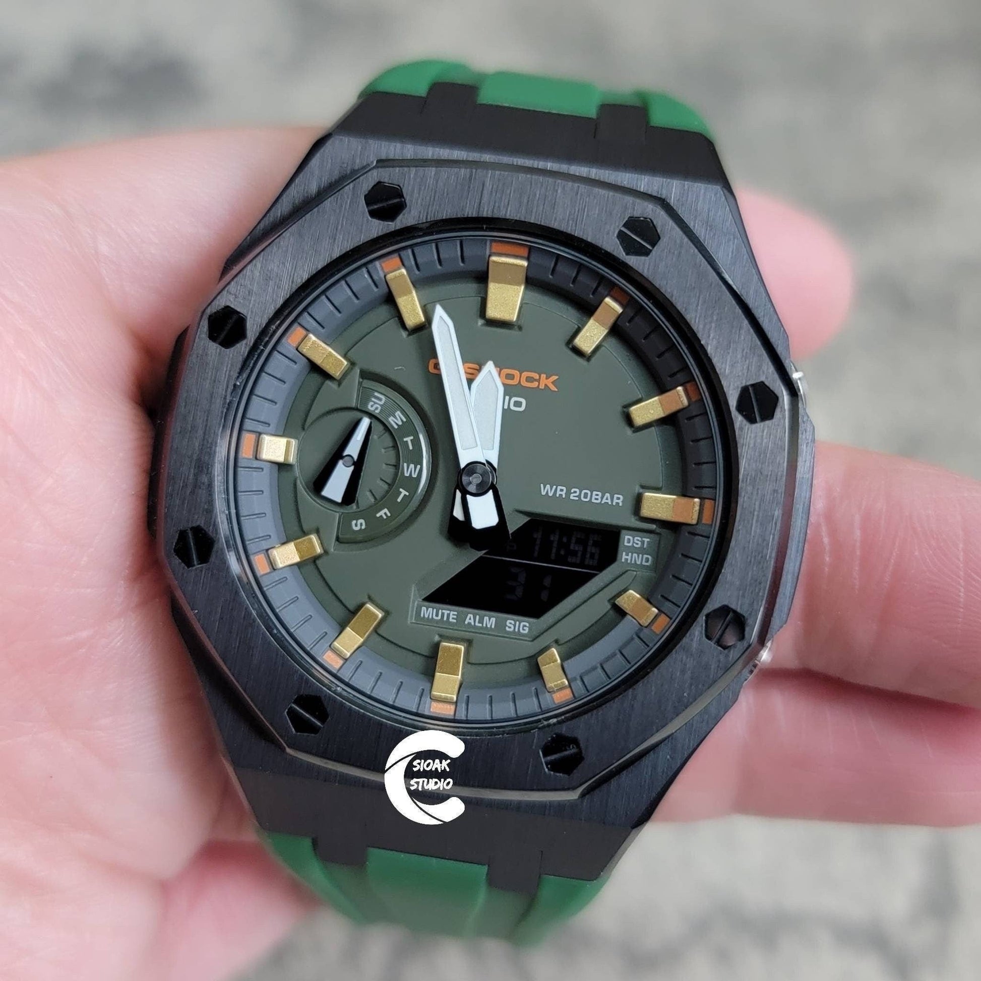 Casioak Mod Watch Black Case Green Rubber Strap Black Gold Time Mark Olove Dial 44mm- Casioak Mod Casio G-Shock Royal Oak Custom Mens Luxury Watches Ga2100