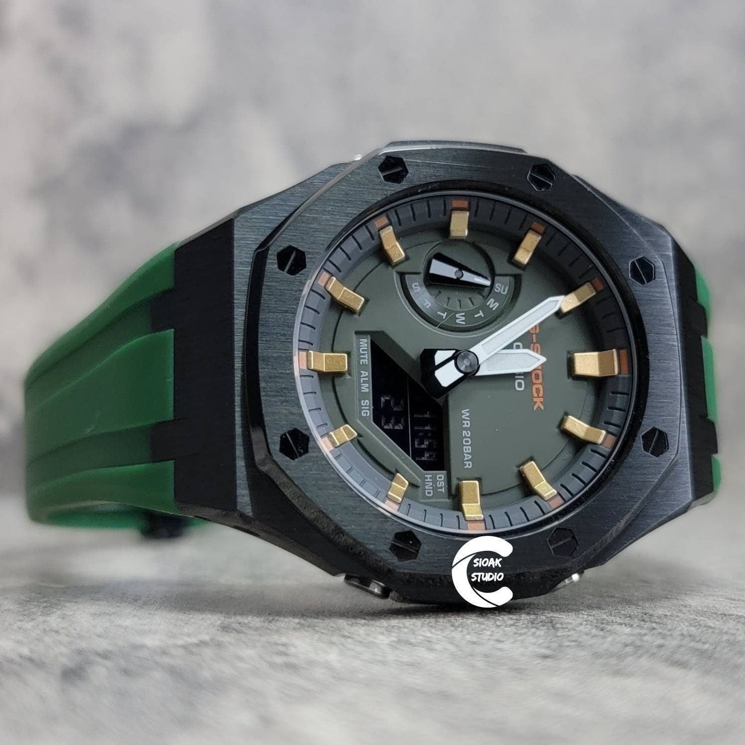 Casioak Mod Watch Black Case Green Rubber Strap Black Gold Time Mark Olove Dial 44mm- Casioak Mod Casio G-Shock Royal Oak Custom Mens Luxury Watches Ga2100