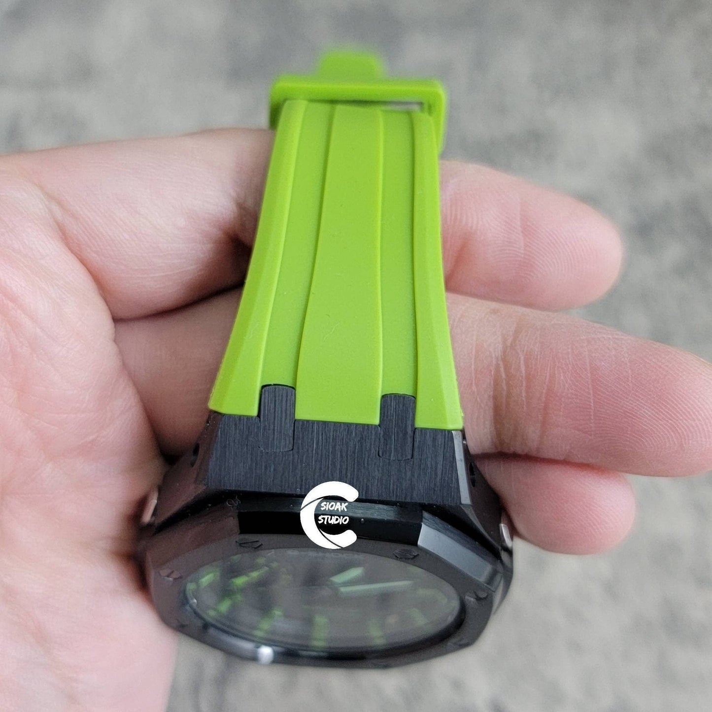 Casioak Mod Watch Black Case Green Rubber Strap Black Green Time Mark Black Dial 44mm- Casioak Mod Casio G-Shock Royal Oak Custom Mens Luxury Watches Ga2100