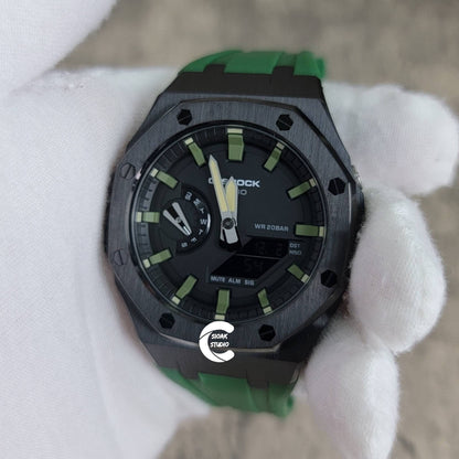 Casioak Mod Watch Black Case Green Rubber Strap Black Green Time Mark Black Dial 44mm- Casioak Mod Casio G-Shock Royal Oak Custom Mens Luxury Watches Ga2100