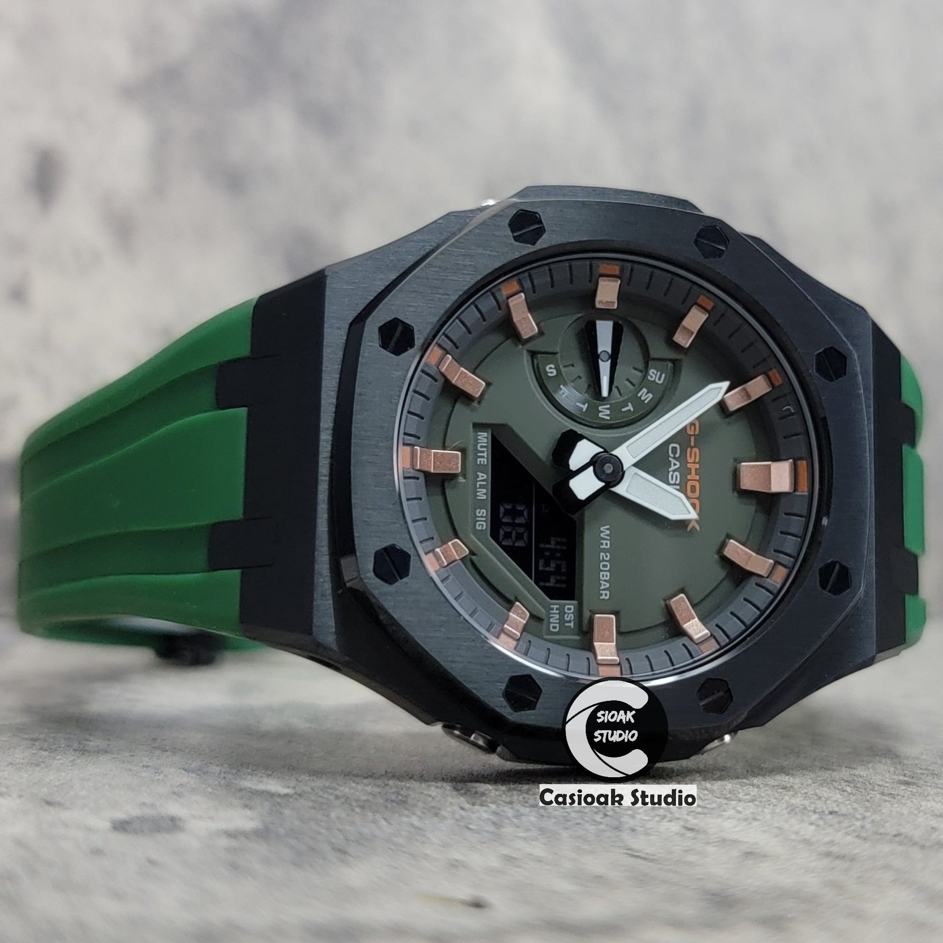 Casioak Mod Watch Black Case Green Rubber Strap Black Rose Gold Time Mark Olive Green Dial 44mm- Casioak Mod Casio G-Shock Royal Oak Custom Mens Luxury Watches Ga2100