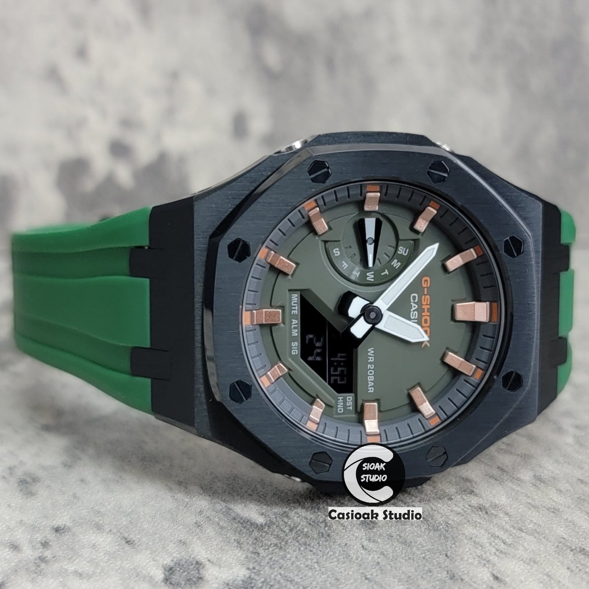 Casioak Mod Watch Black Case Green Rubber Strap Black Rose Gold Time Mark Olive Green Dial 44mm- Casioak Mod Casio G-Shock Royal Oak Custom Mens Luxury Watches Ga2100