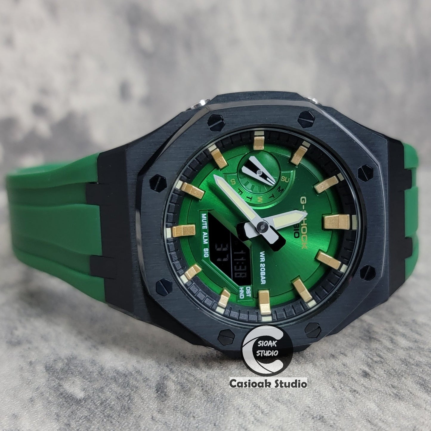 Casioak Mod Watch Black Case Green Rubber Strap Black Silver Time Mark Green Dial 44mm- Casioak Mod Casio G-Shock Royal Oak Custom Mens Luxury Watches Ga2100