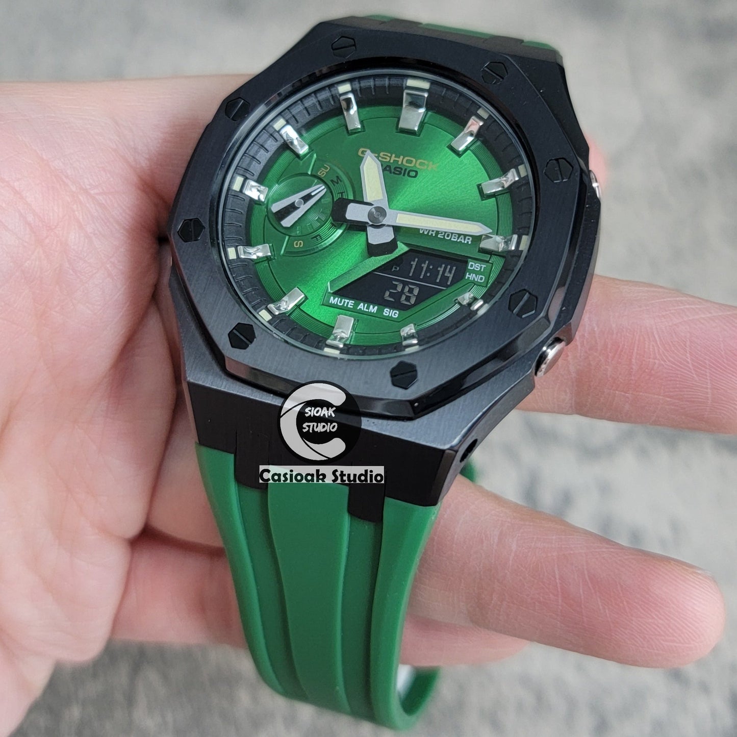 Casioak Mod Watch Black Case Green Rubber Strap Black Silver Time Mark Green Dial 44mm- Casioak Mod Casio G-Shock Royal Oak Custom Mens Luxury Watches Ga2100