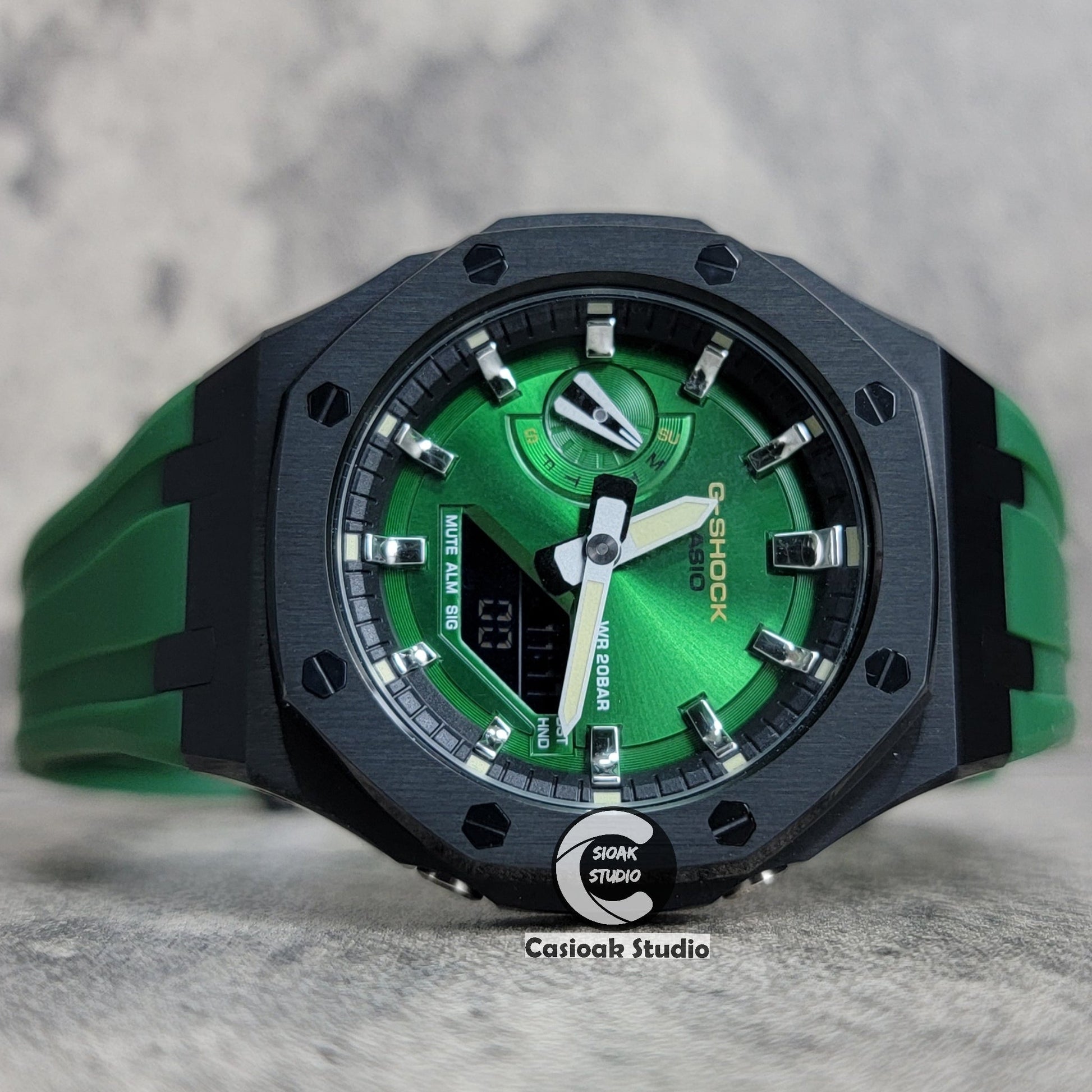 Casioak Mod Watch Black Case Green Rubber Strap Black Silver Time Mark Green Dial 44mm- Casioak Mod Casio G-Shock Royal Oak Custom Mens Luxury Watches Ga2100