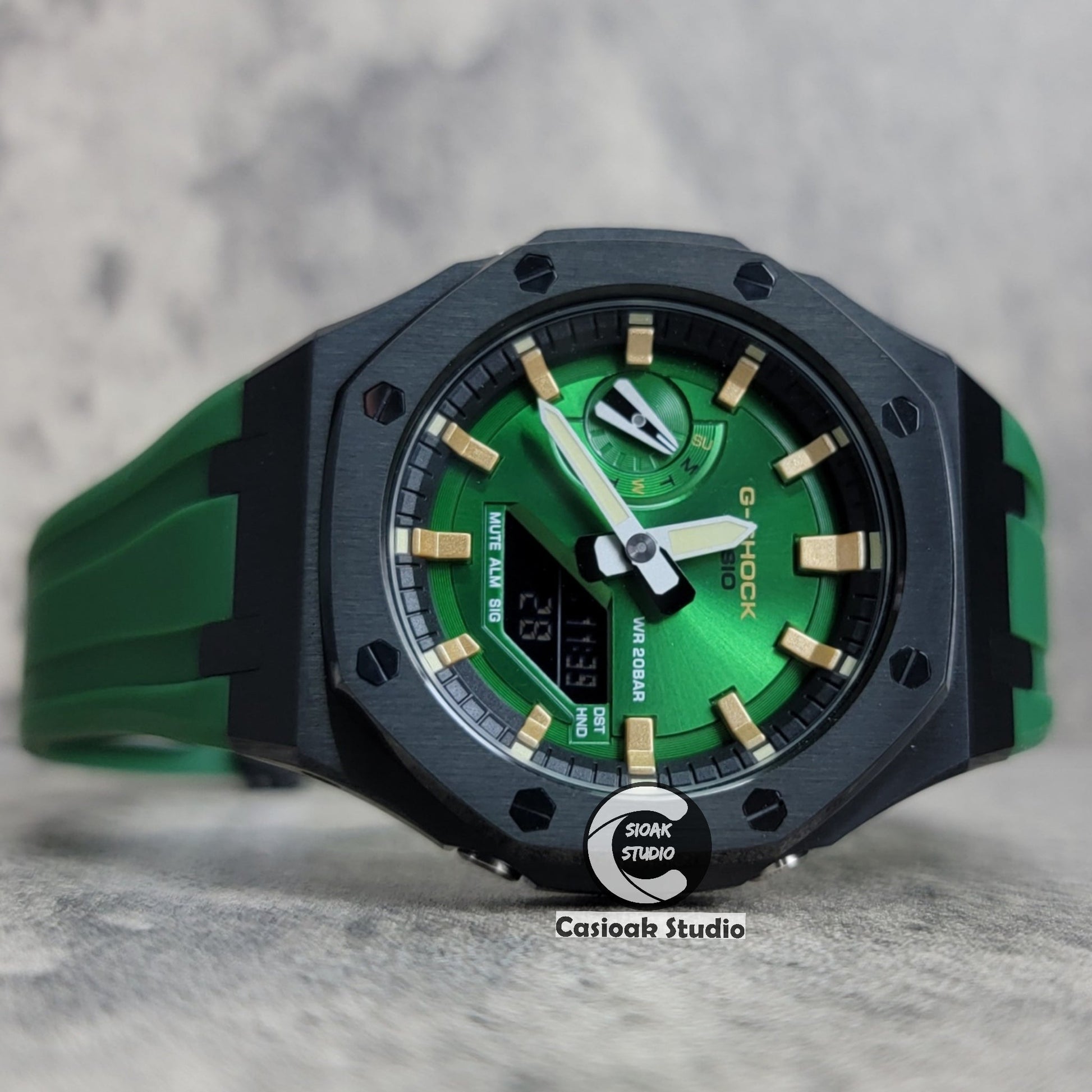 Casioak Mod Watch Black Case Green Rubber Strap Black Silver Time Mark Green Dial 44mm- Casioak Mod Casio G-Shock Royal Oak Custom Mens Luxury Watches Ga2100