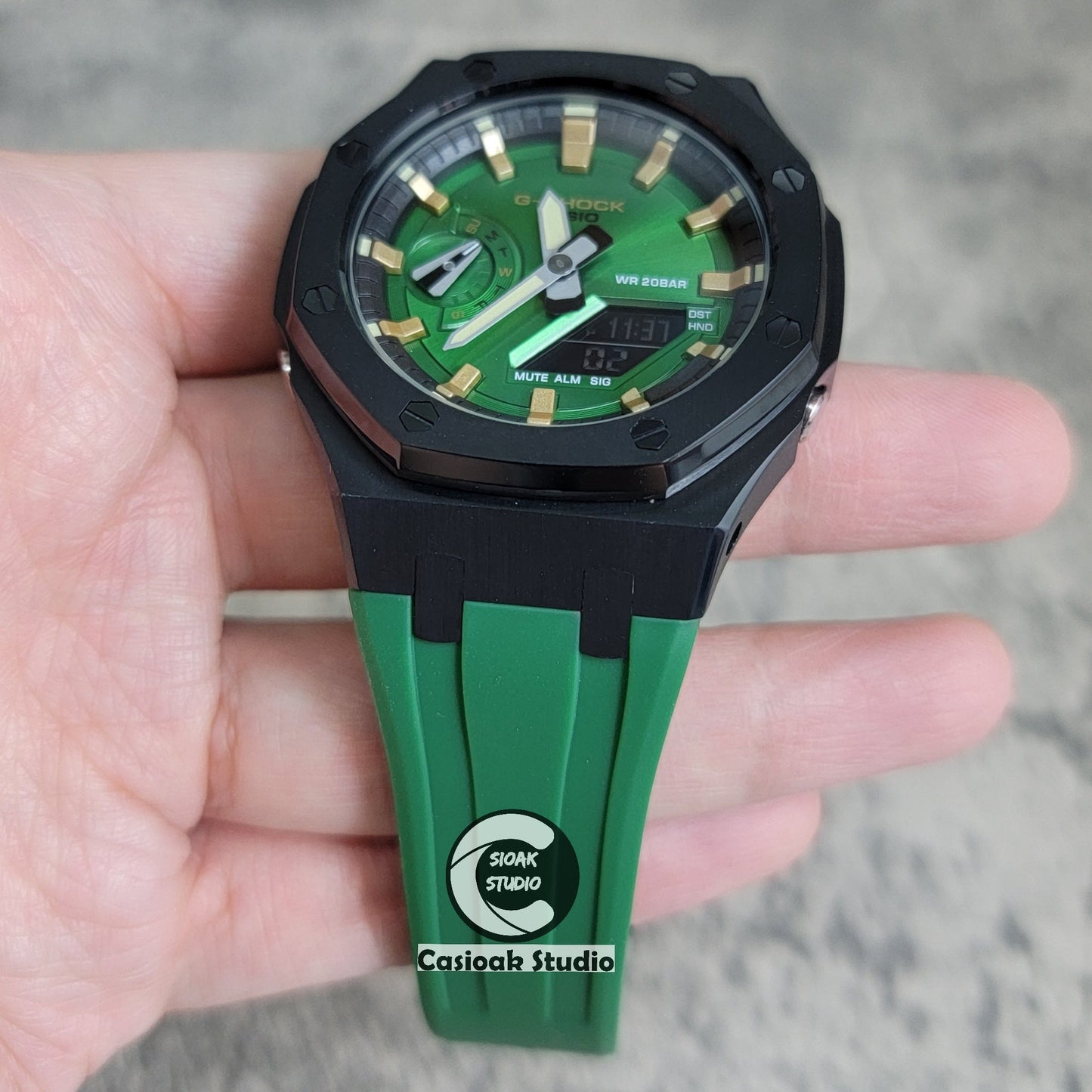 Casioak Mod Watch Black Case Green Rubber Strap Black Silver Time Mark Green Dial 44mm- Casioak Mod Casio G-Shock Royal Oak Custom Mens Luxury Watches Ga2100