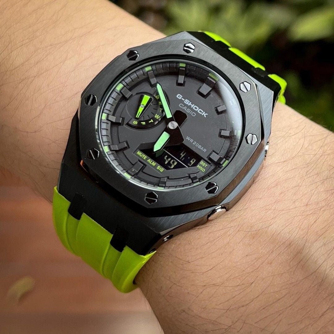 Casioak Mod Watch Black Case Green Rubber Strap Black Time Mark Black Dial Green 44mm- Casioak Mod Casio G-Shock Royal Oak Custom Mens Luxury Watches Ga2100