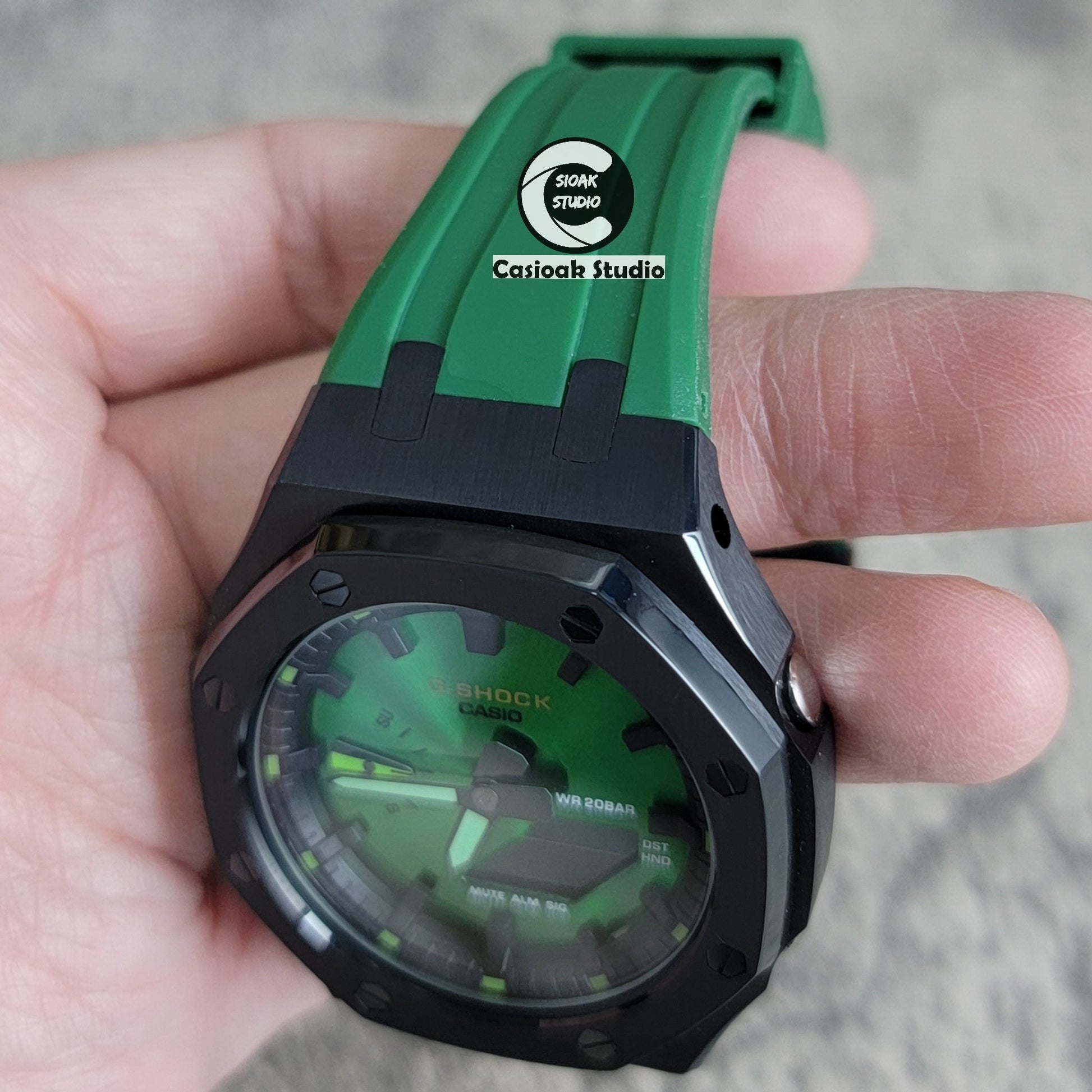 Casioak Mod Watch Black Case Green Rubber Strap Black Time Mark Green Dial 44mm- Casioak Mod Casio G-Shock Royal Oak Custom Mens Luxury Watches Ga2100