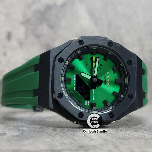 Casioak Mod Watch Black Case Green Rubber Strap Black Time Mark Green Dial 44mm- Casioak Mod Casio G-Shock Royal Oak Custom Mens Luxury Watches Ga2100