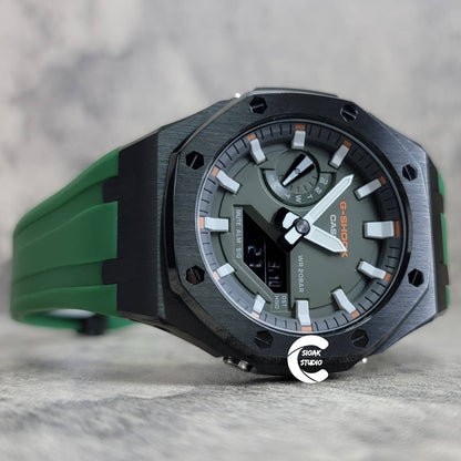 Casioak Mod Watch Black Case Green Rubber Strap Black White Time Mark Olive Dial 44mm- Casioak Mod Casio G-Shock Royal Oak Custom Mens Luxury Watches Ga2100