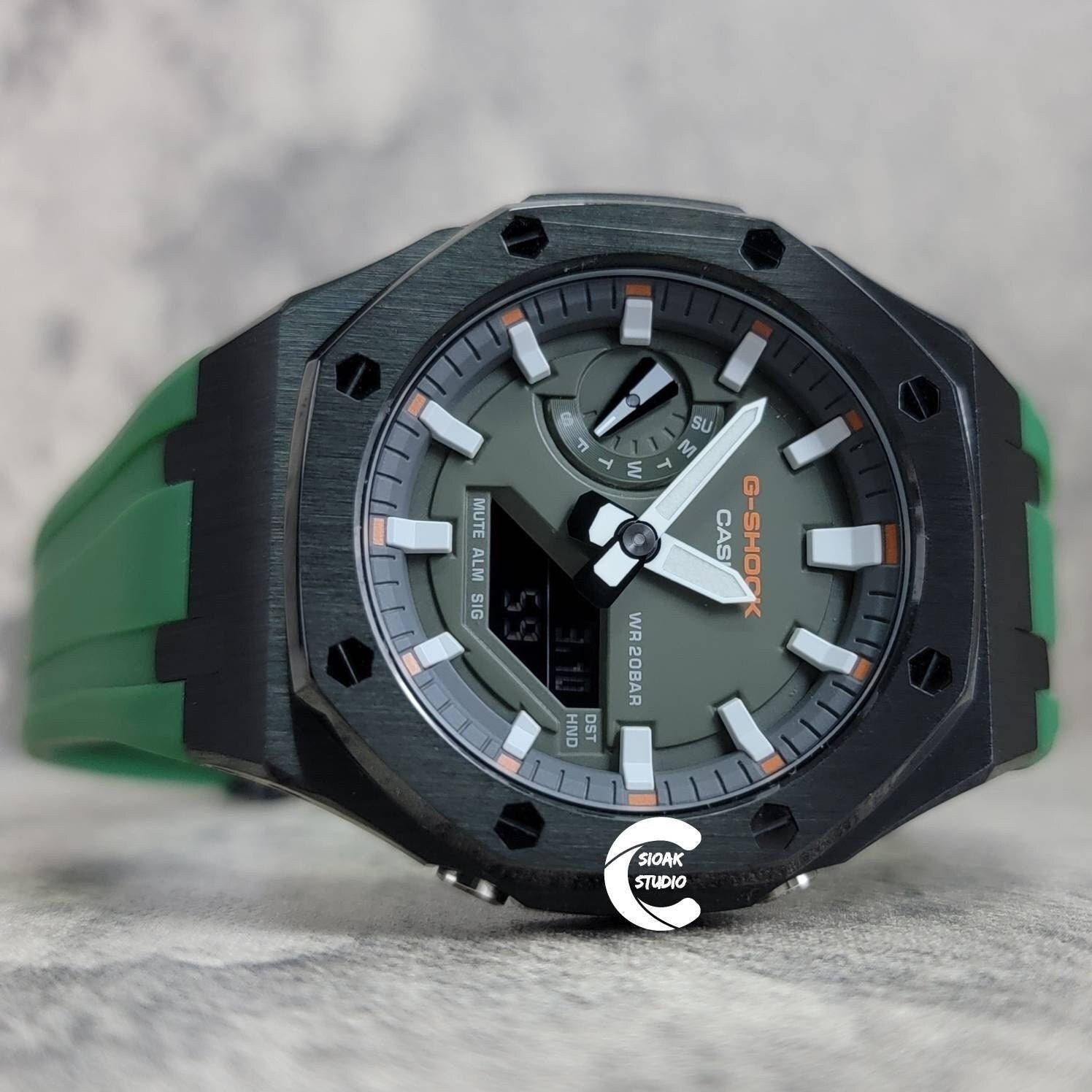 Casioak Mod Watch Black Case Green Rubber Strap Black White Time Mark Olive Dial 44mm- Casioak Mod Casio G-Shock Royal Oak Custom Mens Luxury Watches Ga2100