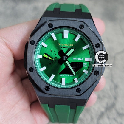 Casioak Mod Watch Black Case Green Rubber Strap Green White Time Mark Green Dial 44mm- Casioak Mod Casio G-Shock Royal Oak Custom Mens Luxury Watches Ga2100