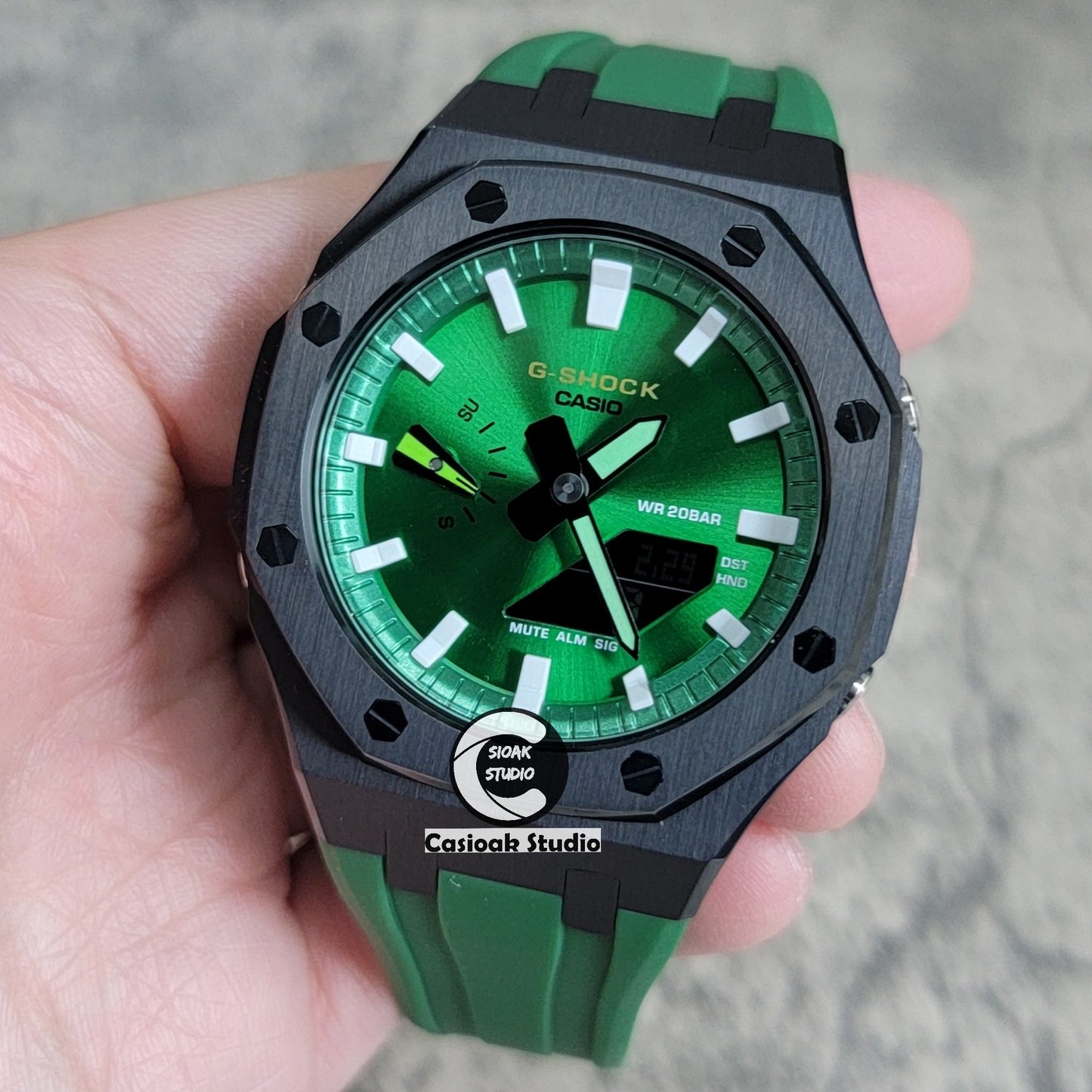 Casioak Mod Watch Black Case Green Rubber Strap Green White Time Mark Green Dial 44mm- Casioak Mod Casio G-Shock Royal Oak Custom Mens Luxury Watches Ga2100