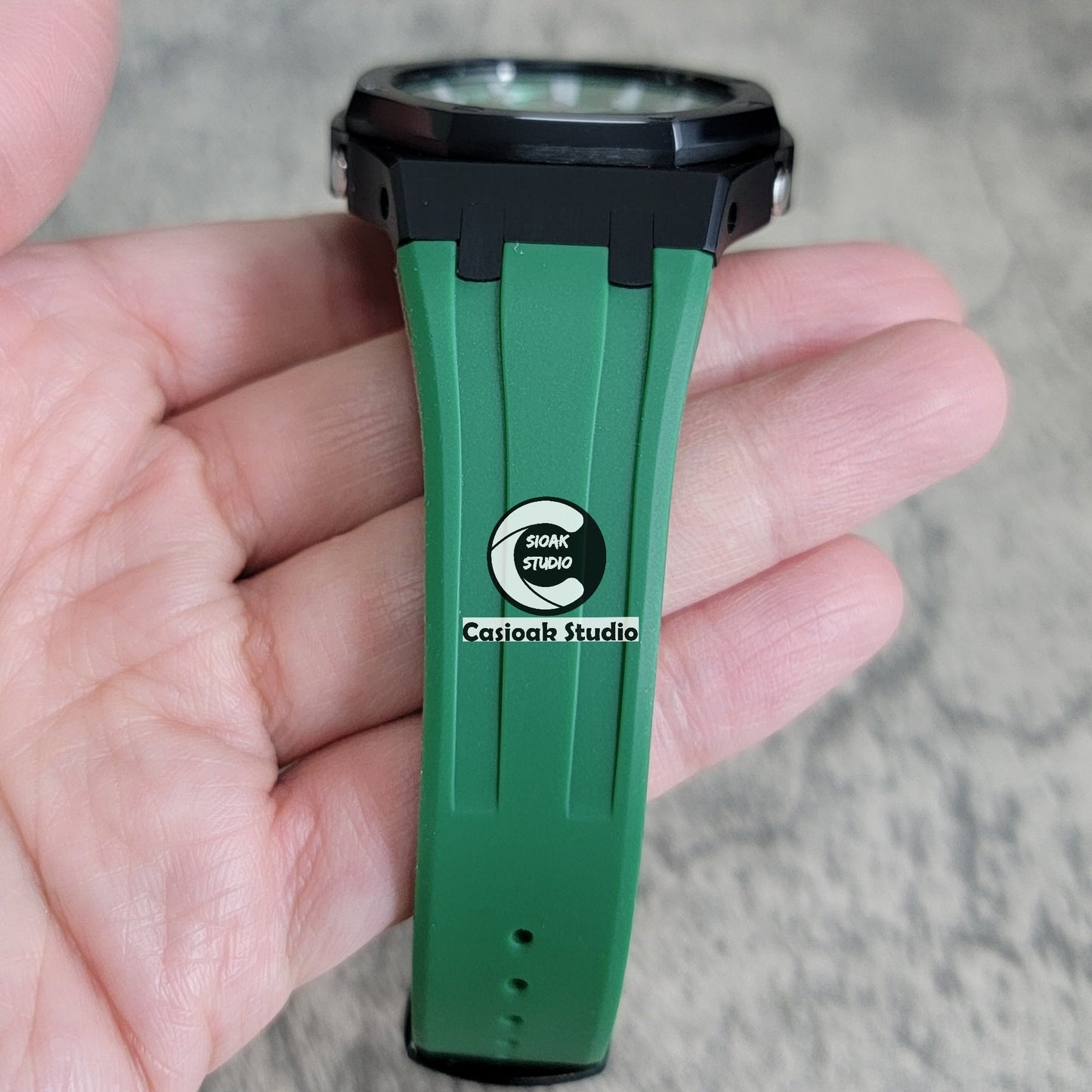 Casioak Mod Watch Black Case Green Rubber Strap Green White Time Mark Green Dial 44mm- Casioak Mod Casio G-Shock Royal Oak Custom Mens Luxury Watches Ga2100