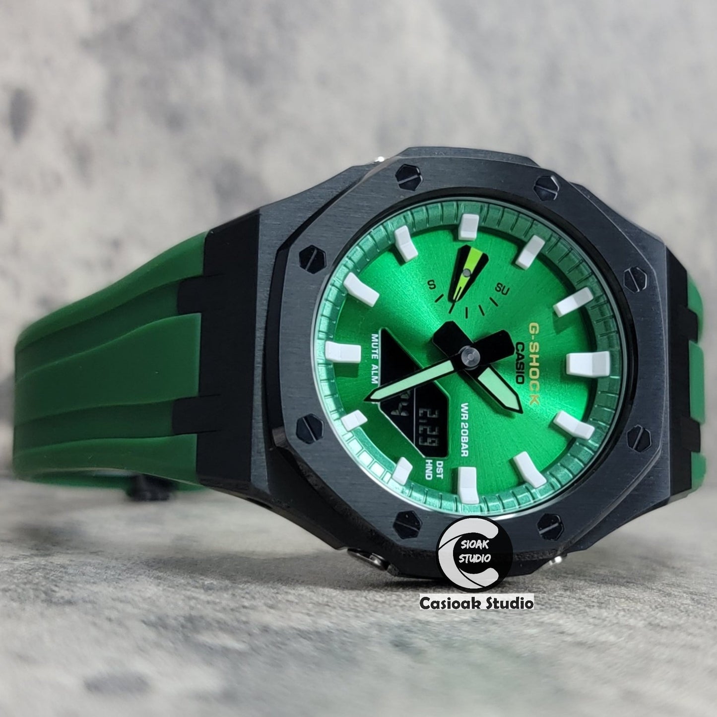 Casioak Mod Watch Black Case Green Rubber Strap Green White Time Mark Green Dial 44mm- Casioak Mod Casio G-Shock Royal Oak Custom Mens Luxury Watches Ga2100